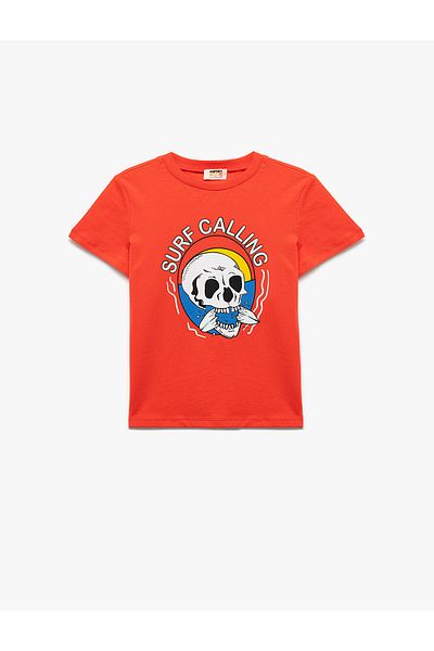 Koton Crew Neck Cotton T-Shirt - Short Sleeve and Print Detail