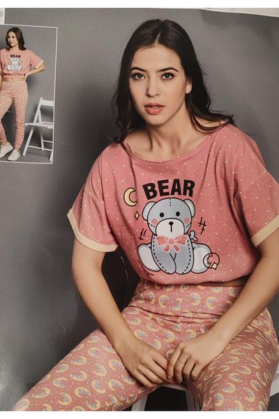lindros Women's short-sleeved pajamas and long pants with teddy bear pattern