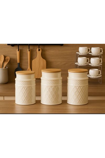 Pembelia Life Set of 3 Porcelain 1500 ml Large Size Jars with Bamboo Lid Pulses Tea Sugar Salt Coffee Storage Set