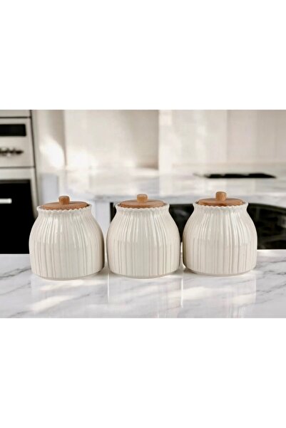 Pembelia Life 3-piece daisy patterned bamboo lid porcelain tea, sugar, salt, coffee storage jar set