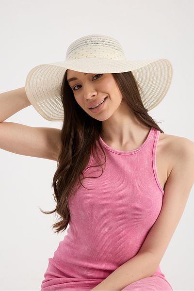 Moda Days Ecru Fabric Striped Straw Beach Hat with Bow Detail