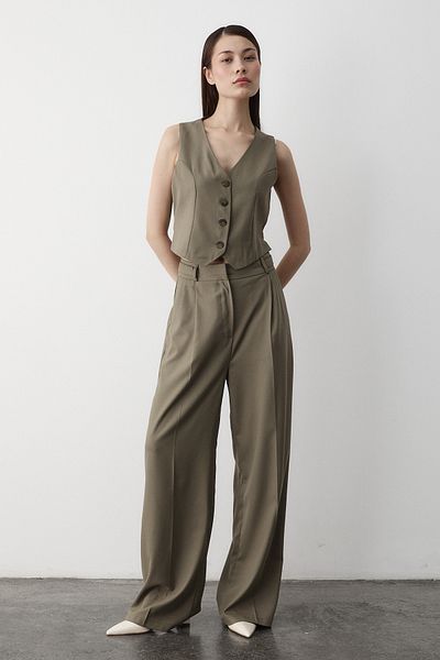 Laluvia Khaki Linda Weste Pantolono Set - 8479