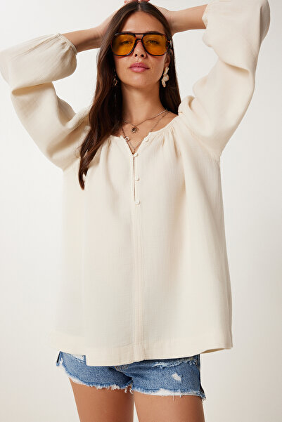 Lovelyİstanbul Μουσελίνα μπλούζα με κουμπιά CREAM LMX0088