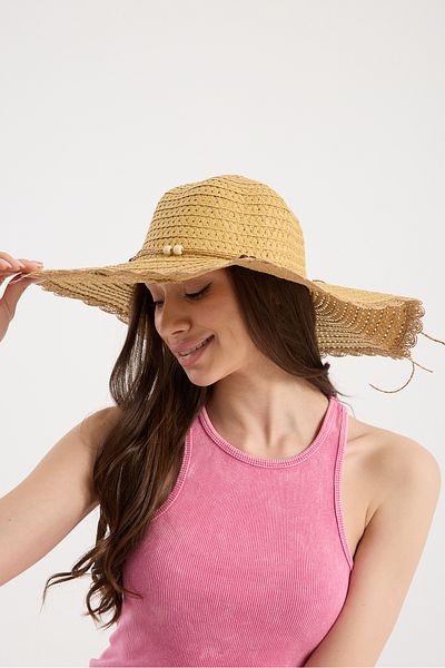 Moda Days Camel Thread Ribbon Bow Detailed Straw Beach Hat