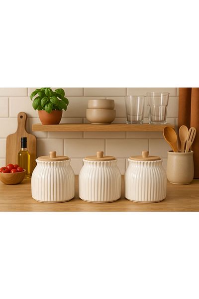 Kitchen Pembelia Porcelain Jar Set with Bamboo Lid - 3-Piece Papaya Pattern Cheers, Tayfa and Salt Storage Container