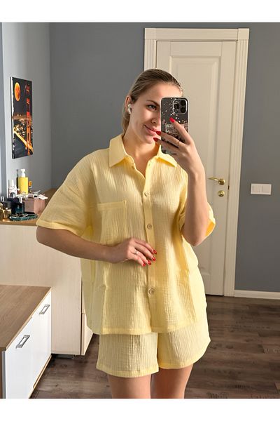 bella bonita 100% Cotton Muslin Oversize Bottom Top Set - Women's Summer Pajama Set / Shirt Shorts Muslin Set