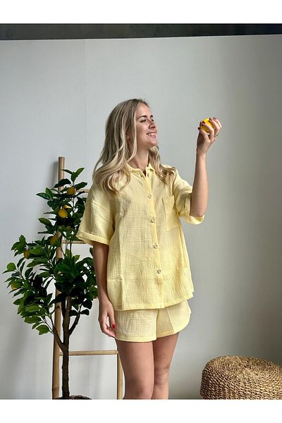 bella bonita 100% Cotton Muslin Oversize Bottom Top Set - Women's Summer Pajama Set / Shirt Shorts Muslin Set