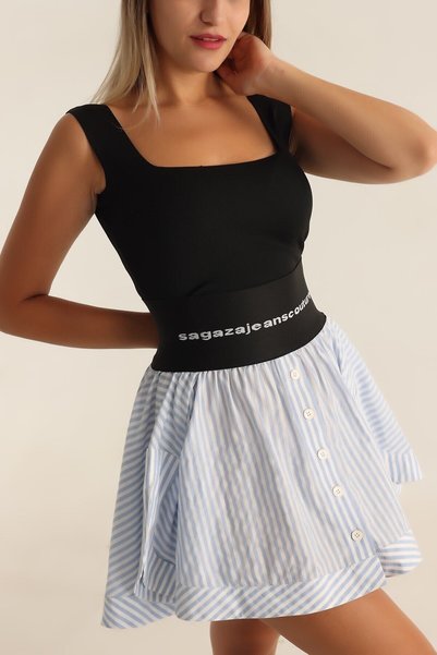 Aslında Look Front and Back Square Neckline Ribbed Lycra Short-Sleeved Knitwear Bady Blouse - Product Length Is 47 Cm.