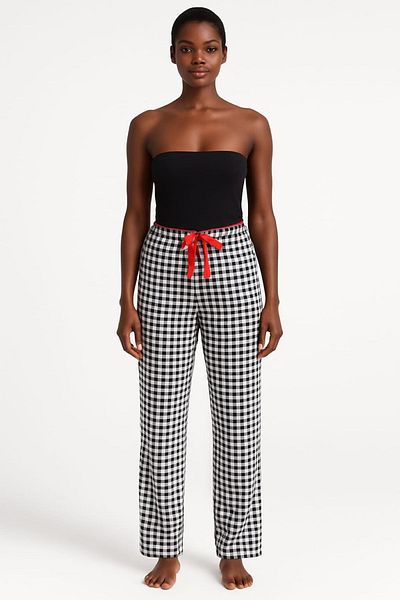 enmodaiçgiyim Pantaloni de pijama de damă din viscoză cu model pătrat alb-negru