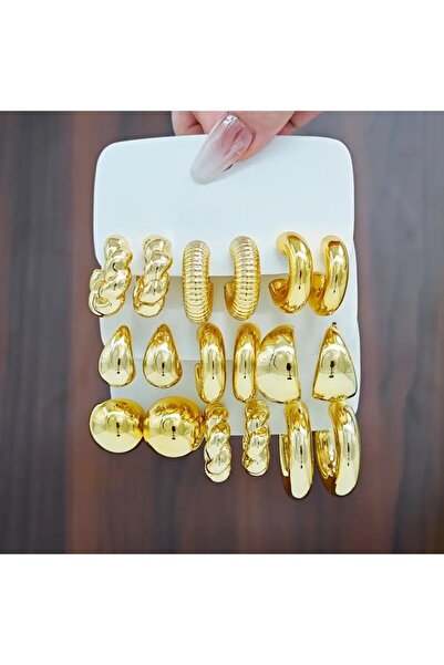 Perry Accesories 9 Çift Kaliteli Kaplama Çift Küpe Gözyaşı Damlası Bottega Küpe Halka Bombe Küpe Çoklu Kombin Küpe