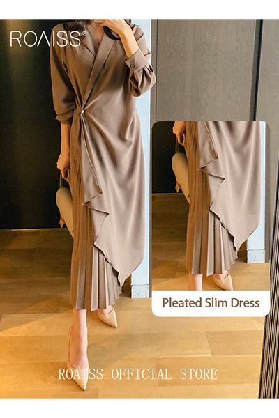 ROAISS Ladies Tunic Dress Solid Color Formal Elegant Asymmetrical Pleated Design High Waist Vintage V-Neck