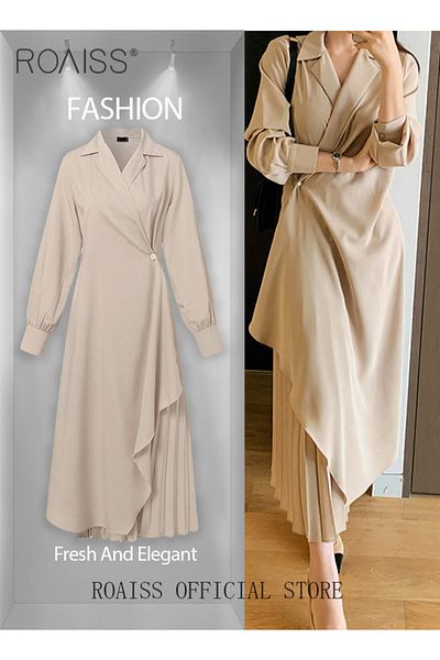 ROAISS Ladies Tunic Dress Solid Color Formal Elegant Asymmetrical Pleated Design