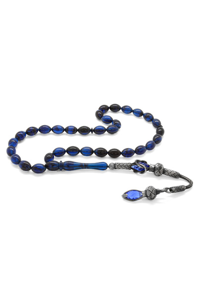 Tesbihane 1000 Ayar Gümüş Kazaz Püsküllü Arpa Kesim Parliament Mavi Sıkma Kehribar Tesbih