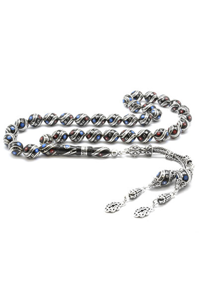 Tesbihane 925 Ayar Gümüş Püsküllü Gümüş-Firuze-Mercan İşlemeli Arpa Kesim Erzurum Oltu Tesbih (M-2) 101001457