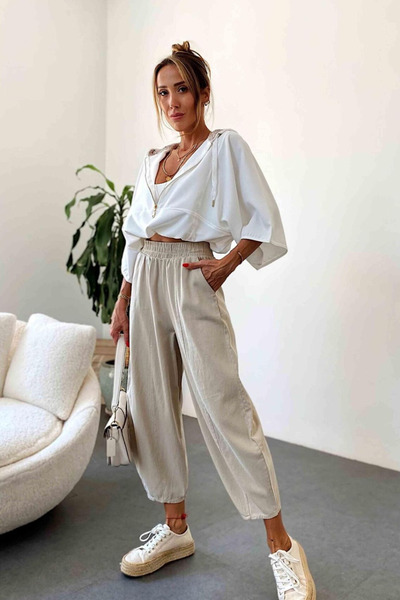 Nana & Mayka Moda Women's Beige Baggy Trousers Loose Summer Comfortable Cotton Elastic Waist Daily Model Gabardine 4003