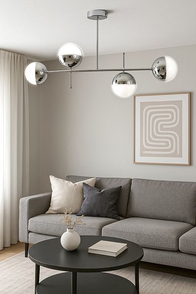 Fer Avize Cello Modern Design Gray Case Chrome Ball - Cafe - Living Room - Kitchen - Bedroom - Led 4-Piece Chandelier