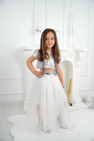 DUCA KIDS Glitter Sequin Crop and Long Tulle Skirt / Silver-White