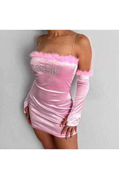 Lolipop Butik Taşlı Askılı Yazılı Pembe Otriş Tüylü Kadife Elbise Kolluk Takımı