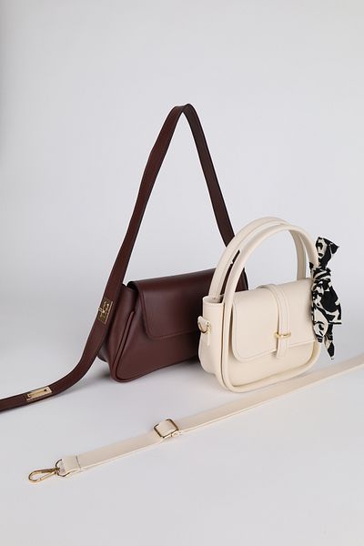 NOTHING Women's Burgundy Cream Gold Lock Strap and Gold Accessories Scarf Gift 2-Piece Bag Set Alessamilan
