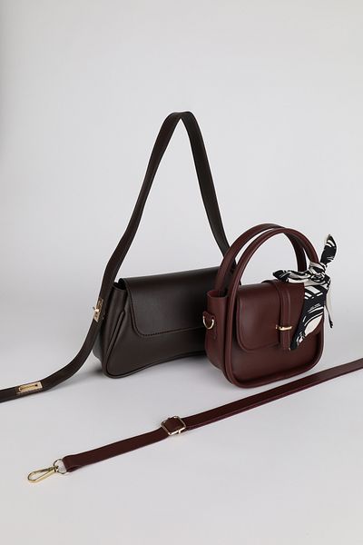 NOTHING Women's Brown Claret Red Gold Lock Strap and Gold Accessories Scarf Gift 2-Piece Bag Set Alessamilan