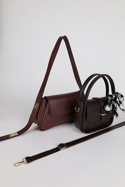 NOTHING Women's Burgundy Brown Gold Lock Strap and Gold Accessories Scarf Gift 2-Piece Bag Set Alessamilan