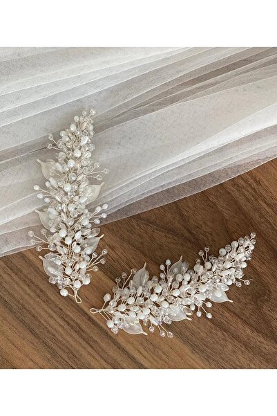 My'Elens Desing ايسين موديل 2'li اكسسوار العروس ابيض، اكسسوار شعر، ابيض