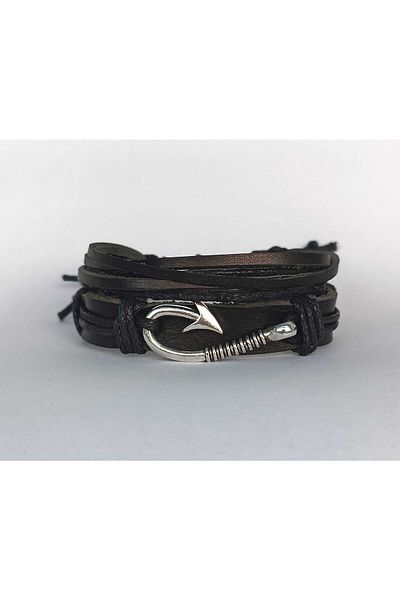 BSN Black 2-Piece Genuine Leather Bracelet with Hook Figure