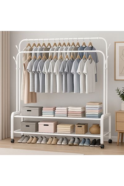 ALMUFARREJ Al-Mufarrej Metal Clothes Hanger with Wheels, 150x 57 x110 cm Size White