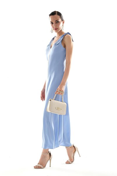 EXPLOSION Saten Omuzu Bağlamalı Çift Taraf Kumaş Detaylı Midi Boy Elbise