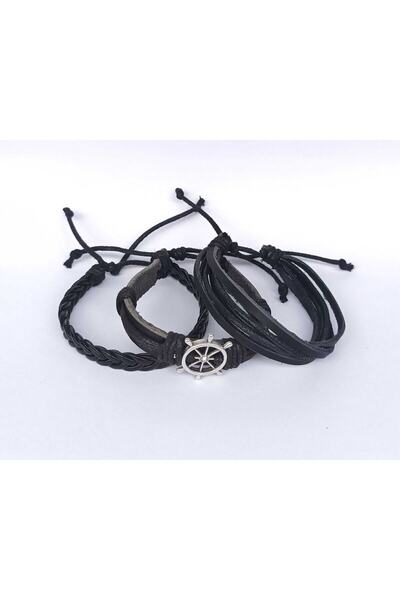 BSN Sailor Rudder Figured Black 3 Piece Genuine Leather Bracelet