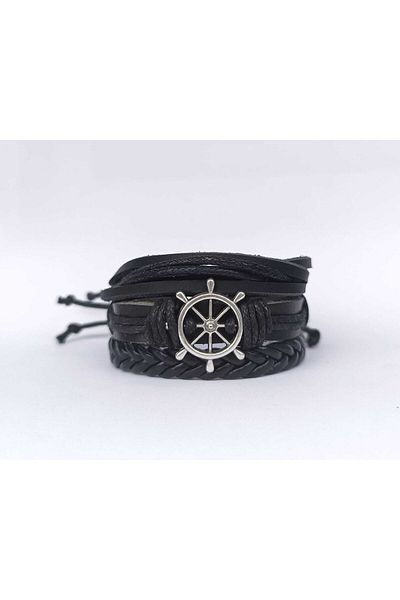 BSN Sailor Rudder Figured Black 3 Piece Genuine Leather Bracelet