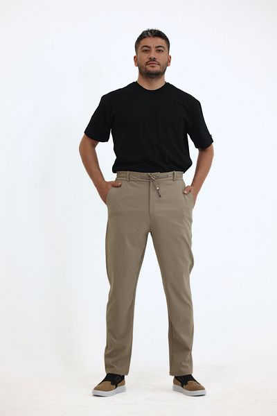 EXSPORT Men's Side Pockets, Elastic Waist, Lace-Up Belt, Relaxed Fit, Comfortable Cut Cool Fabric Trousers
