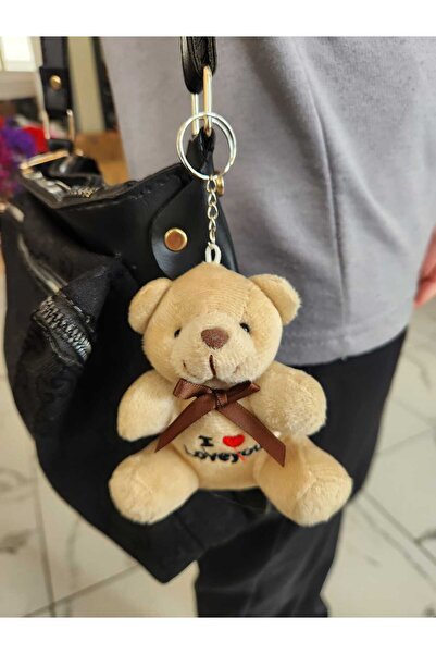 LUZAB I Love You Yazılı Lüks Peluş Ayıcık Anahtarlık 10 cm Süsleme Malzemesi cappucino