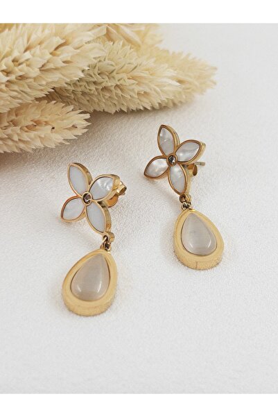 Siya Silver Damla Sedefli Çiçekli Zirkon Taşlı Sallantılı Kararmaz Çelik Küpe