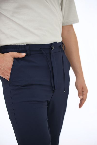 EXSPORT Men's Side Pockets, Elastic Waist, Lace-Up Belt, Relaxed Fit, Comfortable Cut Cool Fabric Trousers