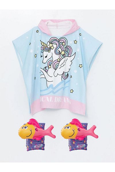 Ewason Girl's Poncho Beach Towel Hooded + Swimming Sleeve Inflatable Fish