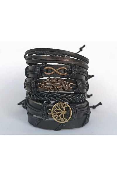 BSN Tree of Life Leaf Infinity 6 Piece Genuine Leather Bijouterie Bracelet with Antique Bronze Figure