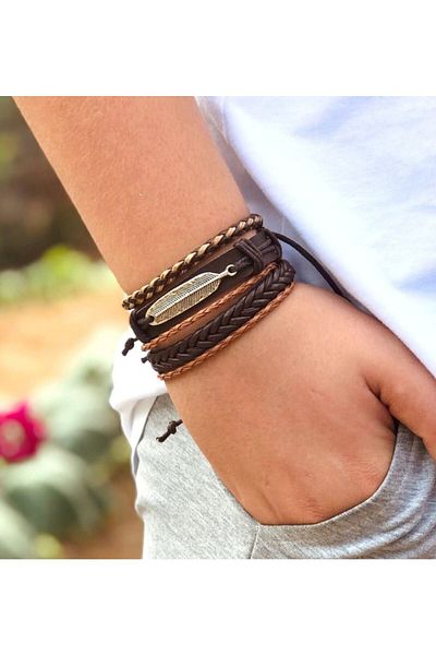 BSN Takı Feather Figured Handmade Genuine Leather Bracelet