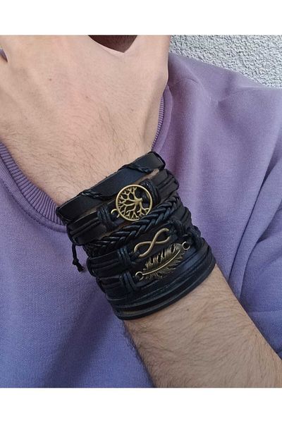 BSN Tree of Life Leaf Infinity 6 Piece Genuine Leather Bijouterie Bracelet with Antique Bronze Figure