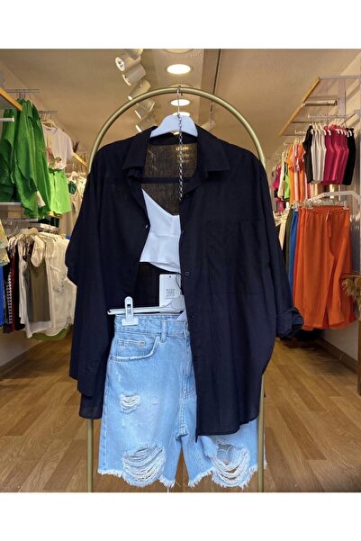 Grass Moda Kadınlar Için Özel Oversize Siyah Keten Gömlek Yeni Sezon Yazlık