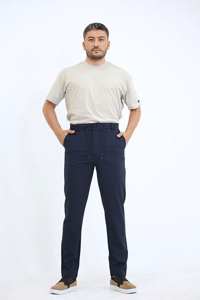 EXSPORT Men's Side Pockets, Elastic Waist, Lace-Up Belt, Relaxed Fit, Comfortable Cut Cool Fabric Trousers