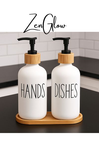 ZenGlow Set of 2 White Kitchen Liquid Soap Dispenser Set 500ml Bamboo Tray Set Decorative