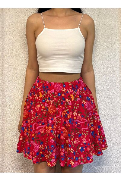 İNSUEL Çiçek Desenli Viskon Kumaş Lastikli Şort Etek