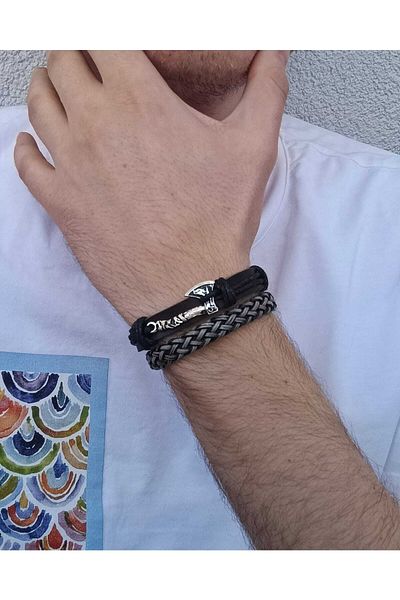 BSN Viking Thor Nordich Nordic Axe Figure 2-Piece Genuine Leather Bracelet