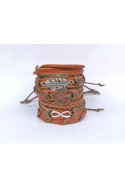 BSN Infinity Tree of Life Leaf Figured Taba Charm 6-Piece Genuine Leather Bracelet