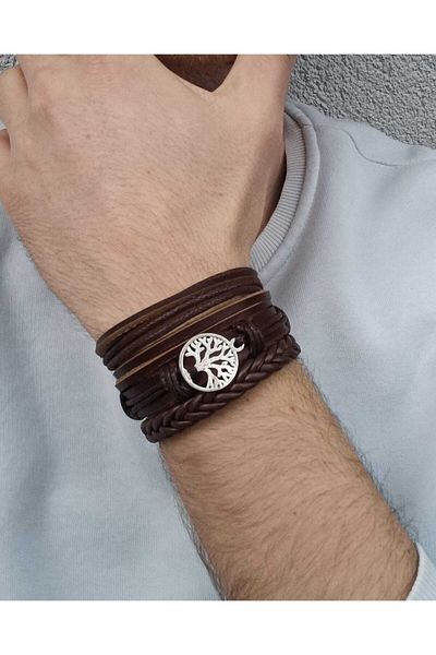 BSN Brown Genuine Leather Bracelet 3-Piece Life Tree Figured Handmade