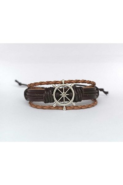 BSN 3 in 1 Genuine Leather Bracelet with Rudder Figure