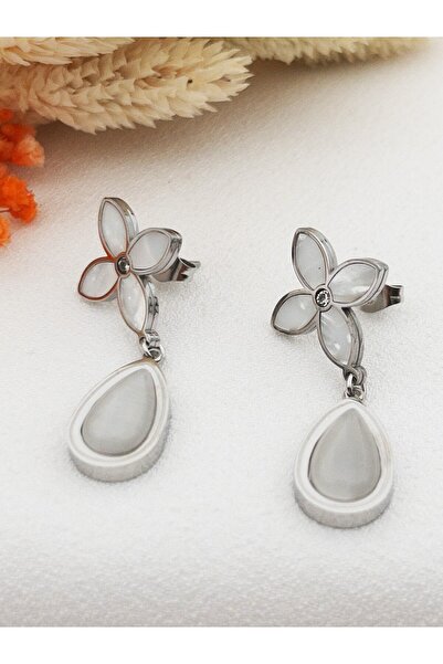 Siya Silver Damla Sedefli Çiçekli Zirkon Taşlı Sallantılı Kararmaz Çelik Küpe