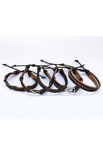 BSN Genuine Leather Bracelet 5 Pieces Infinity Tree of Life Figure Multi-Layer
