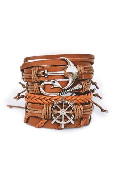 BSN Sailor Combination 6 Piece Tan Handmade Genuine Leather Bracelet